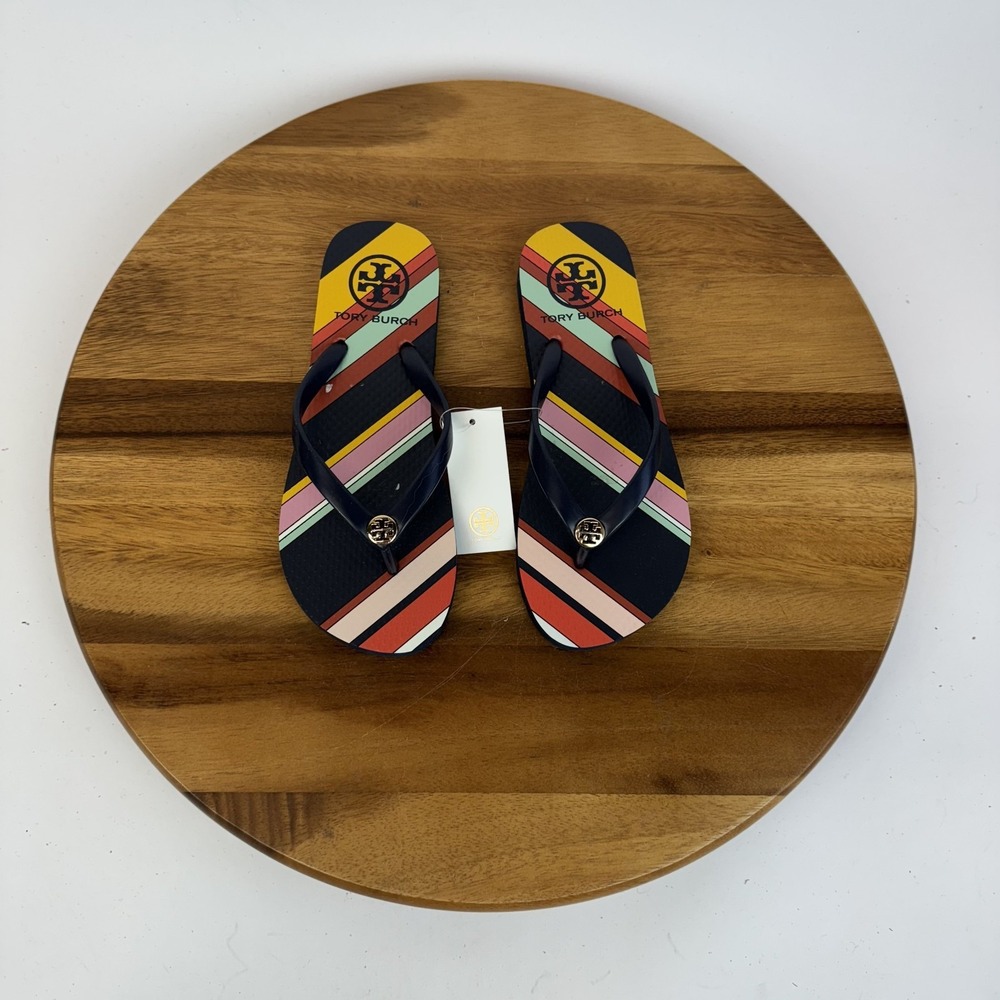 New Womens Tory Burch Thin Medley Stripe Navy‎ Thong Flip Flops Sandals Size 5 M